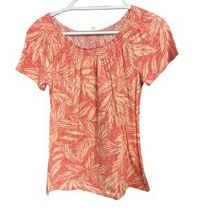 Como Blu Coral & Cream Leaf Print Peasant Top – Size M